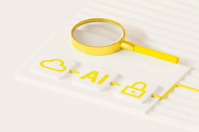 A yellow magnifying glass is placed above a white surface featuring three prominent icons: a cloud, the text 'AI', and a padlock, all in yellow. The scene is minimalistic with a clean, modern aesthetic and a soft color palette. The arrangement suggests themes of artificial intelligence, cloud computing, and data security. The image uses a combination of white and yellow tones for a bright, optimistic mood.