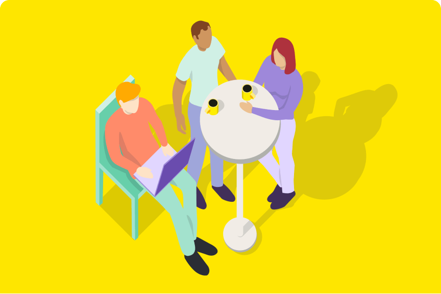 Illustration of individuals at a table in a work environment, engaged with a laptop and accompanied by a cup of coffee.