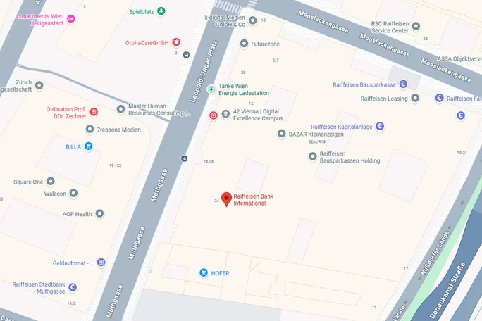 This image shows a digital map centered on Raiffeisen Bank International in Vienna. Surrounding landmarks include HOFER, BILLA, and several health and business offices. The map displays street names such as Am Stadtpark and Invalidenstraße, with visible numeric addresses like 2, 6, 8, 10, 12, 14, and 16. The setting is urban, with a clean and informative visual style. (opens in a new tab)