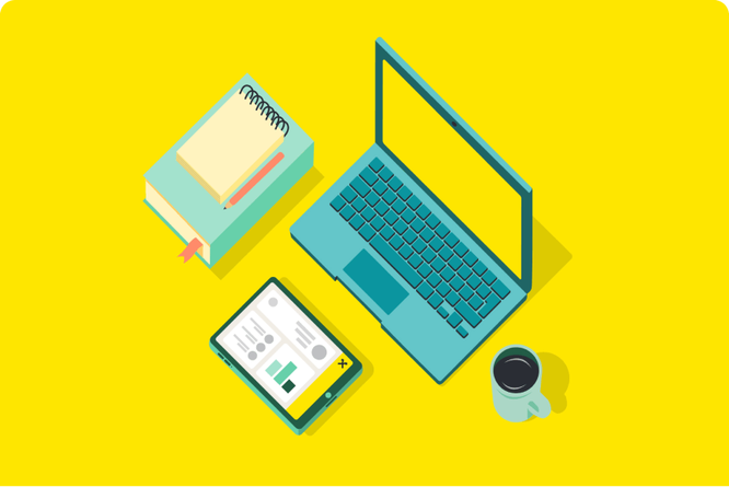 An illustration of a laptop, notebook, and coffee cup on a yellow background. Symbolizing learning opportunities.