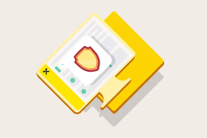 This image features an isometric illustration of a yellow folder with a digital interface overlay. At the center of the overlay is a red and yellow shield icon, symbolizing security or protection. The design uses a minimalistic style with a light background and clean lines, and includes small green dots and an 'X' icon in the corner.