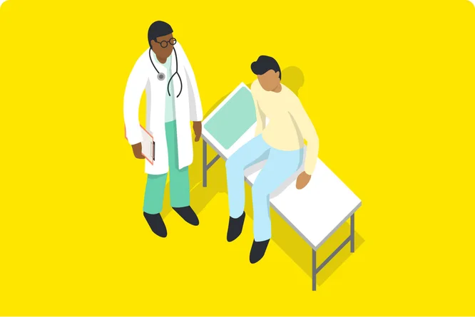 Illustration showing two doctors in conversation regarding insurance.
