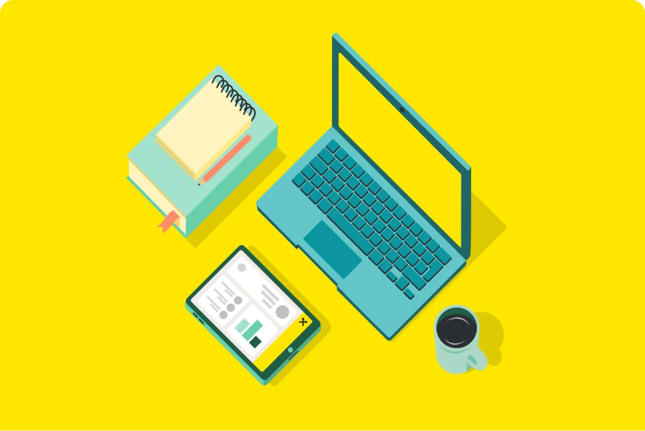 Laptop, notebook, coffee cup, and more on yellow background. Ideal for learning opportunities.