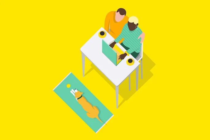 Illustration shows two adults collaborating at a desk with a laptop, viewed from above. The setting is bright and minimal, with a yellow background and two coffee cups on the table. Nearby, a dog lies on a mat with a ball, adding a playful element to the scene. The image uses flat design and vibrant colors for a modern, cheerful mood.
