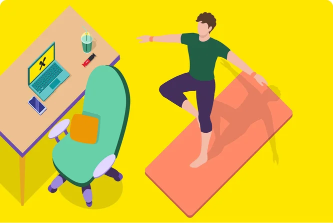 A man engaging in yoga exercises in front of a desk, with the message "Take the time you need.