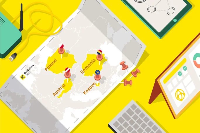 A paper map is spread out on a bright yellow desk, showing parts of Europe with pins marking Poland, Austria, Romania, and Kosovo. The map is surrounded by office items including a keyboard, tablet, and push pins. The setting suggests a workspace or planning session, with a modern and vibrant color palette. The text 'Poland', 'Austria', 'Romania', and 'Kosovo' is clearly visible on the map.