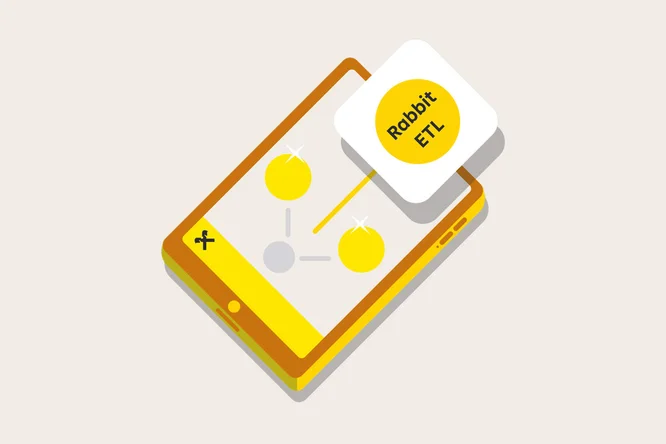 A digital illustration shows a tablet device with a yellow interface displaying a simple workflow diagram. A floating square labeled 'Rabbit ETL' is prominently featured above the screen. The visuals use a clean, minimal style with yellow and gray tones, and the diagram includes three connected circles.
