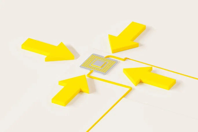 A digital illustration features three large yellow arrows converging on a central microchip. The setting is minimalistic with a clean, white background, emphasizing the technology theme. The arrows and chip are connected by yellow lines, suggesting data flow or connectivity. The overall palette is bright and modern, with a focus on yellow and white.