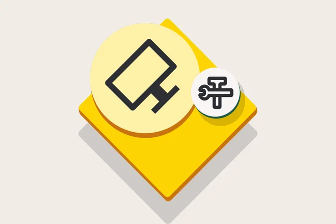 Minimalist illustration featuring a large yellow diamond shape with overlapping circular badges. The main circle contains a bold black rectangular tool or device icon, while a smaller white circle shows a wrench and adjustment symbol. The design uses flat colors and long shadows on a light background, suggesting digital tools, configuration, or customization. Overall, the image conveys a modern, clean, and technical aesthetic suitable for software or interface themes.