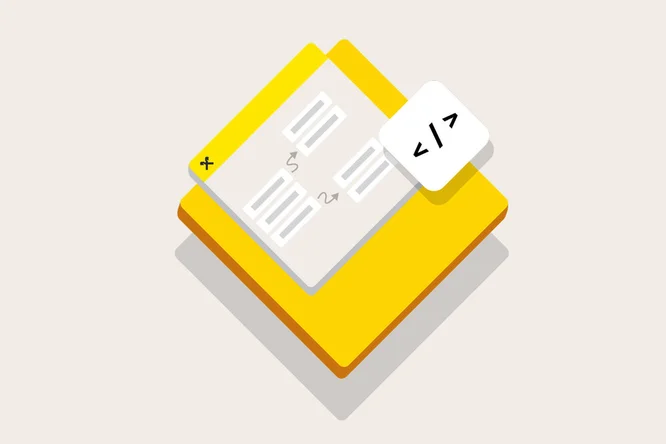 A flat, minimalist illustration features a yellow square with a stylized window displaying flowchart arrows and code snippets. The interface includes a visible '< />' symbol, suggesting programming or web development. The background is a light beige, and the overall palette is clean and modern.