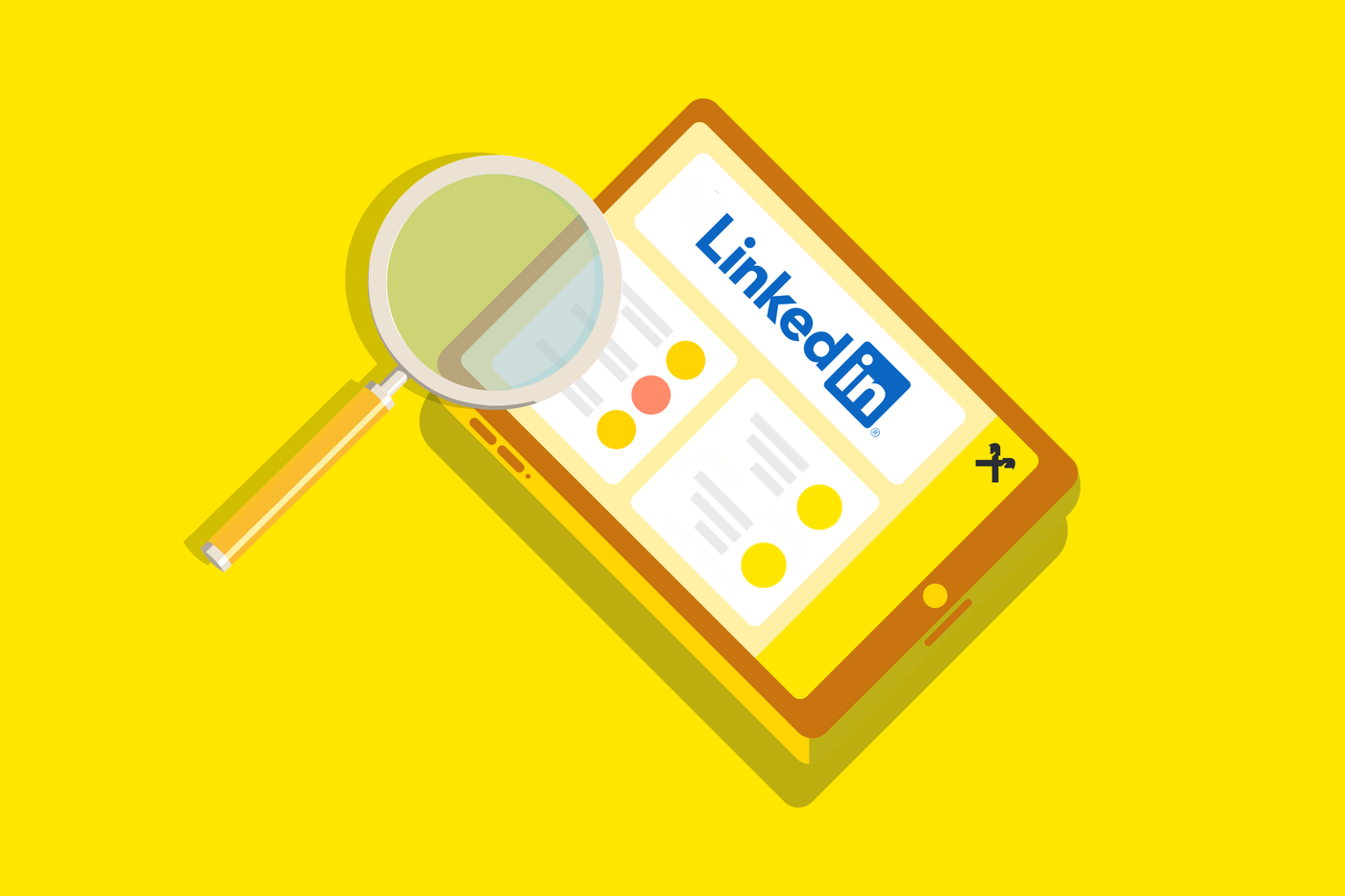 Një ilustrim dixhital tregon një xham zmadhues që qëndron pezull mbi një tabletë që shfaq një profil në LinkedIn. Ekrani paraqet logon e pagabueshme të LinkedIn dhe elementët e paraqitjes së profilit, të vendosur në një sfond të verdhë të gjallë. Skena sugjeron analizën ose rishikimin e informacionit profesional online, me ngjyra të theksuara dhe një stil modern, të sheshtë dizajni.