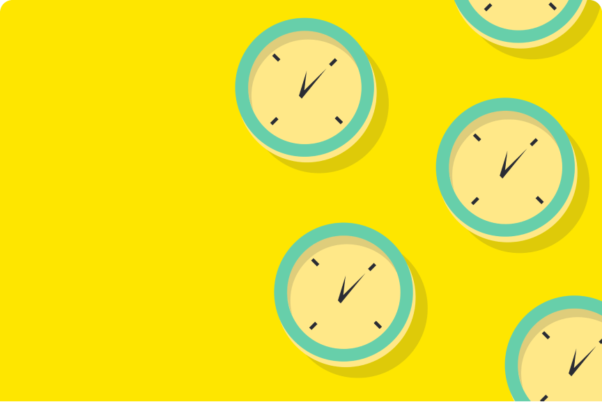 Vibrant yellow background showcasing a Working Hours illustration, featuring four clocks.