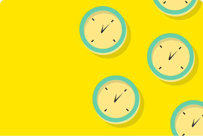 Vibrant yellow background showcasing a Working Hours illustration, featuring four clocks.