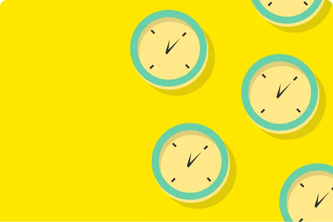 Yellow background with four clocks symbolizing working hours.
