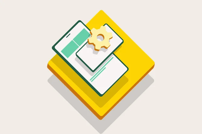 Flat illustration of a smartphone and interface cards arranged on layered yellow tiles. A gear icon overlaps the screens, suggesting settings or customization. The design uses a minimal palette of yellow, green, and white with clean geometric shapes. The overall style is modern, abstract, and technology focused.