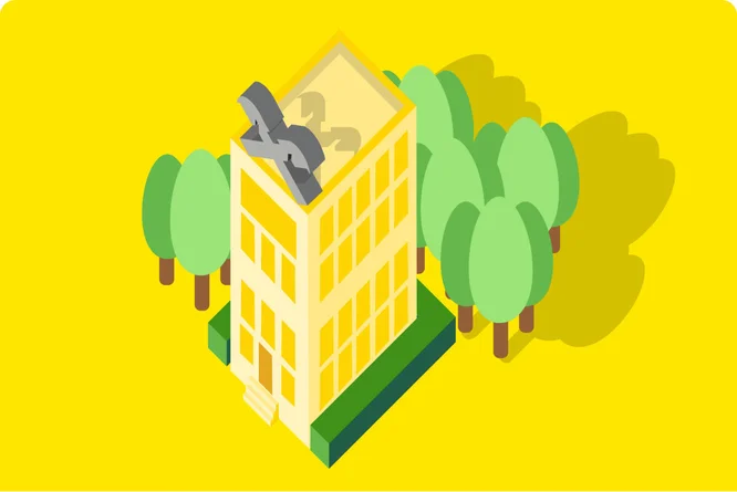 An icon of a building with a man on top. Where you can find us.