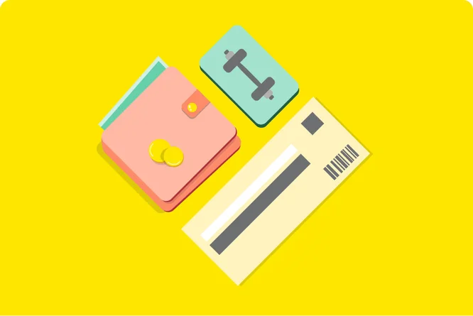 An illustration of a wallet, credit card, and other items, showcasing the convenience of Benefit Online.