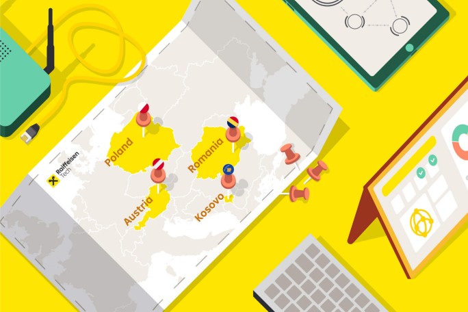 A paper map is spread out on a bright yellow desk, showing parts of Europe with pins marking Poland, Austria, Romania, and Kosovo. The map is surrounded by office items including a keyboard, tablet, and push pins. The setting suggests a workspace or planning session, with a modern and vibrant color palette. The text 'Poland', 'Austria', 'Romania', and 'Kosovo' is clearly visible on the map.