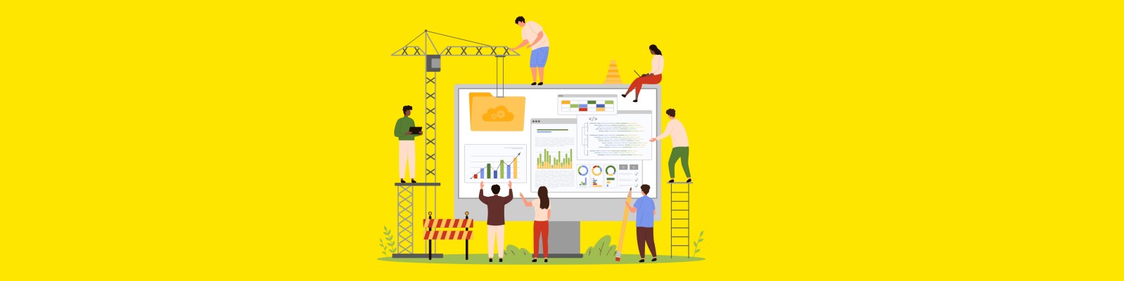 Illustration of a diverse team working together to build and analyze a data analytics dashboard. The scene features various team members using tools and equipment to organize charts, graphs, and code on a large screen, symbolizing collaboration and teamwork in data-driven projects. The bright yellow background adds a vibrant and energetic feel to the image.