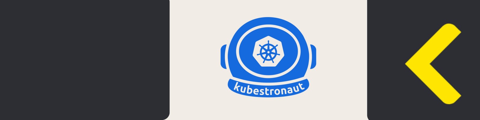 A blue and white logo featuring a helmet design with a Kubernetes emblem at the center. The text 'kubestronaut' is clearly visible below the helmet. The image is set against a neutral beige background with black and yellow accents on the sides.