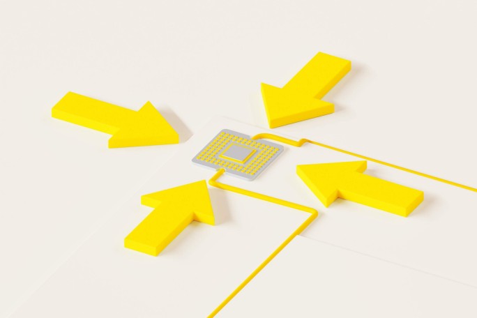 A digital illustration features three large yellow arrows converging on a central microchip. The setting is minimalistic with a clean, white background, emphasizing the technology theme. The arrows and chip are connected by yellow lines, suggesting data flow or connectivity. The overall palette is bright and modern, with a focus on yellow and white.