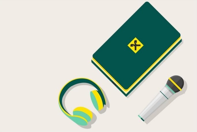 A green notebook with a yellow and black symbol is placed next to a pair of green and yellow headphones and a white microphone. The items are arranged on a plain, light-colored surface, suggesting a creative or recording setting. The illustration uses a modern, flat design style with a minimal color palette.