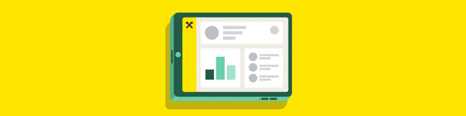 Illustration of a tablet displaying a digital dashboard with various charts and data visualizations. The bright yellow background adds a vibrant touch, emphasizing the modern and tech-savvy approach to data management and analysis.